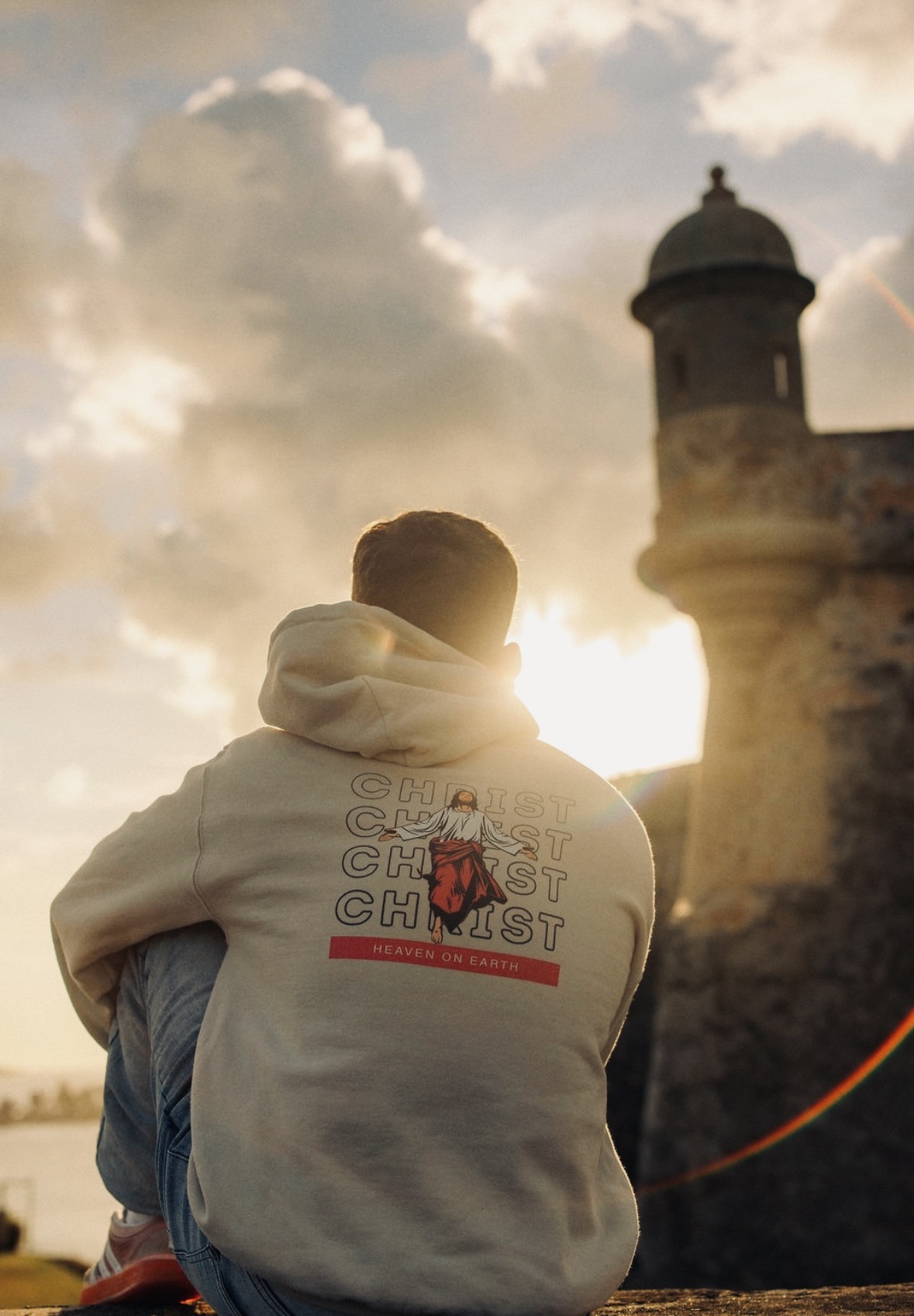 God's Paradise — Christ hoodie at El Morro sunset